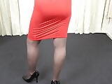 Skin Tight Skirt and Pantyhose on shemale, tight red dress 